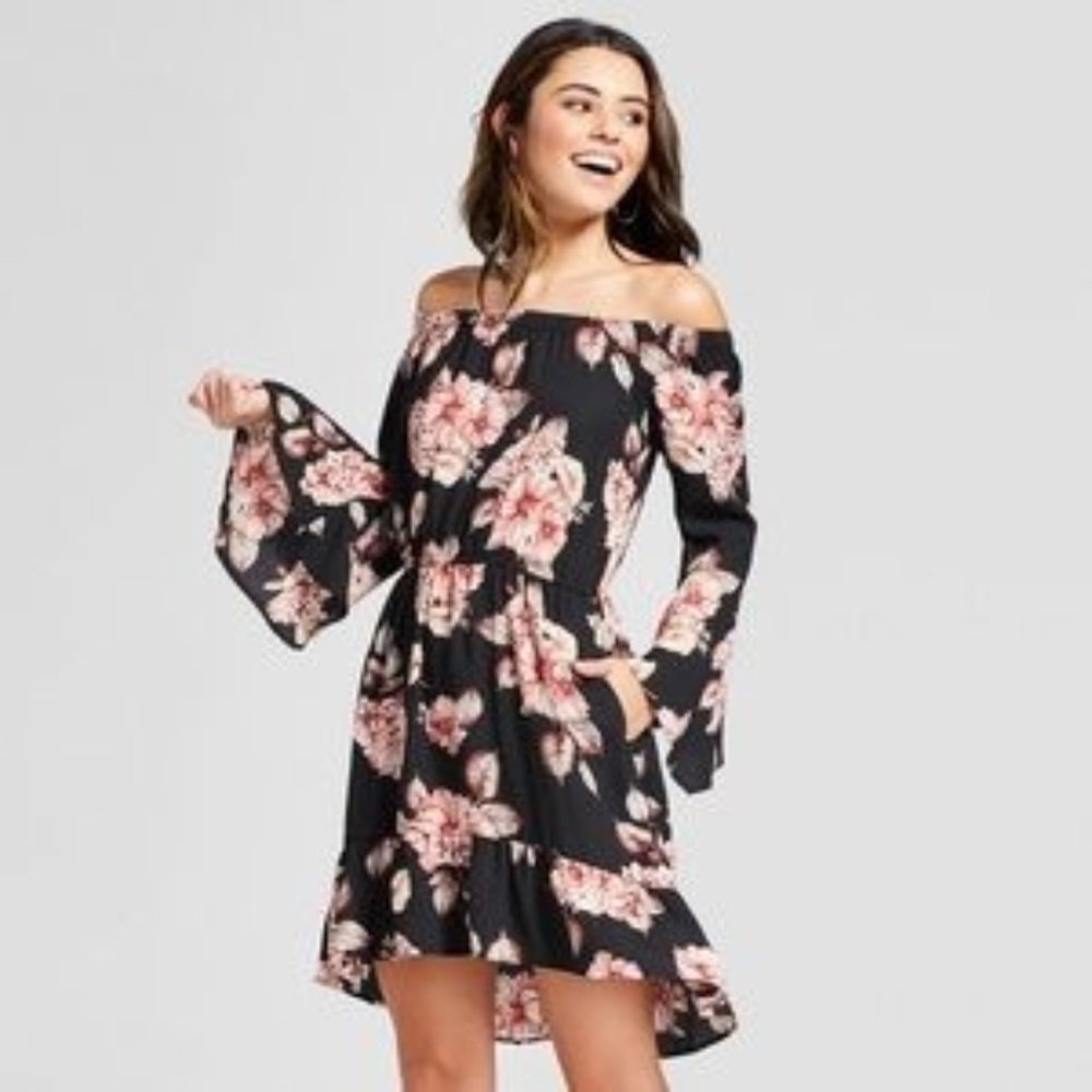 Black and Blush Pink Floral Off the Shoulder Dress